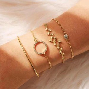 Gold 4pc Leaf & Rhinestone Chain Bracelet